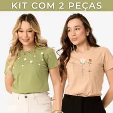 Kit 2 Blusa Feminina Estampada Manga Curta Bordada Flores 100% Algodão Casual P ao GG