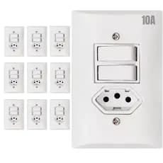 Kit Conjunto Interruptor Duplo Com Tomada 10A 4x2 Branco Placa Completa