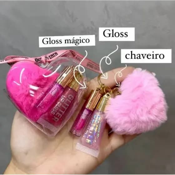 Glitter Lip Gloss Heart Case + Chaveiro + Lip gloss Amor Anjo Kit 3
