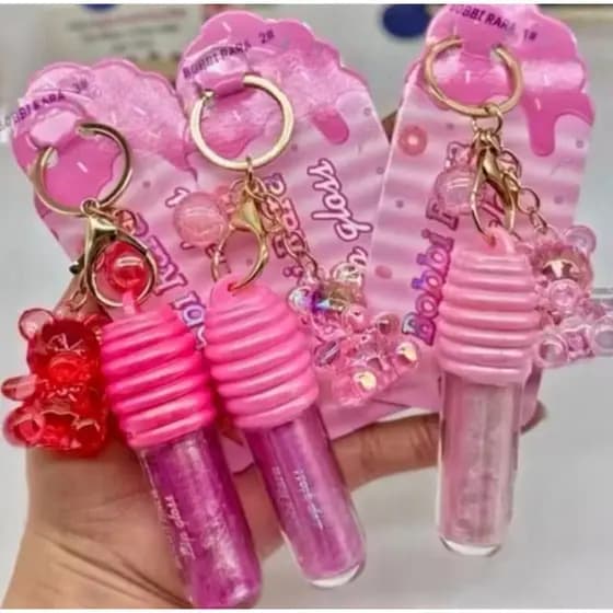 Lip Gloss Mel Honey Rosa Brilho Labial 2 em 1 + Chaveiro de Ursinho Pingente Fofinho Lip Honey Bobbi Rara A Prova D'água