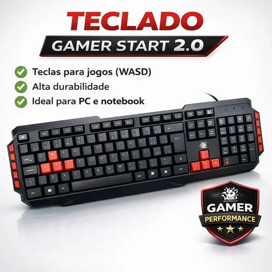 Teclado Gamer 5+ Ergonômico Start 2.0 - 10 Teclas Multimídia Cor de teclado Pret/vermelho