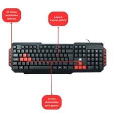 Teclado Gamer ABNT2 Teclas Destacadas preto/vermelho Multimídia Lateral com fio