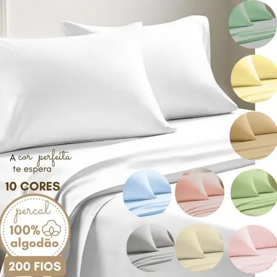 Lençol Percal de Cima Kit com Fronha 200 Fios 100% Algodão Bainha Cobrir Solteiro Casal Queen King