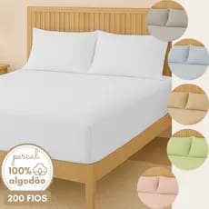 Kit Jogo de Cama Casal Lençol com Fronha Percal 200 fios 100% Algodão Queen King Cor Liso Estampado