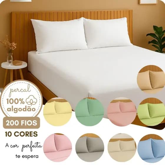 Kit Jogo de Cama Queen Casal King Lençol Fronha Percal 200 fios 100% Algodão Moderna Suaves 3peças
