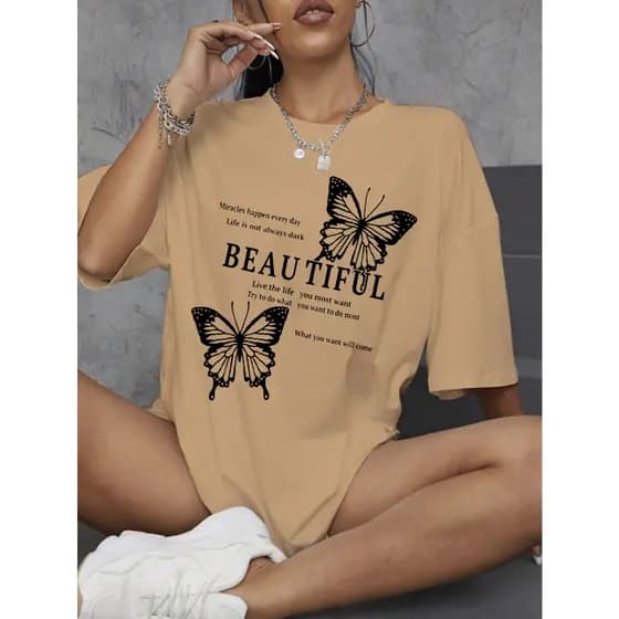 Camiseta Feminina Colorida Champanhe Palha Blusa Oversized Unissex Estampa Beautiful Butterfly Cami