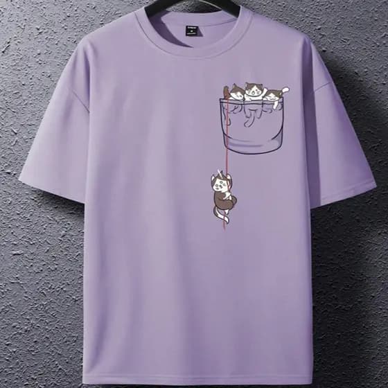 Camiseta Lilas Oversized Basica Casual Confortavel Tecido Toque Algodão Estampa Gatinhos Gatos Cat