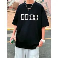 Camiseta Preta Larga T-Shit Streetwear Oversized Estampada 00:00 Time Clook Bordado Relogio Ponto M