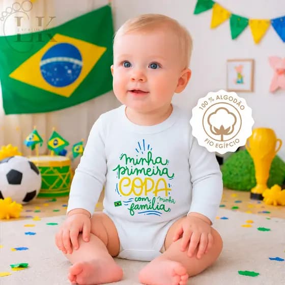 Body Bebê "Minha Primeira Copa com Minha Família" 100% Algoção fio Egípcio