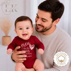 Body Bebê "Meu primeiro dia dos Pais nos braços do papai" 100% Algodão Egípcio Vermelho