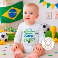 Body Bebê "Minha Primeira Copa comminha Família" 100% Algoção fio Egípcio Copa do Mundo Fifa 2026
