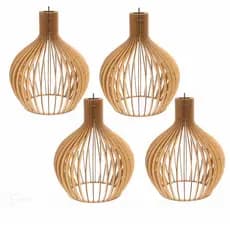 Kit 4 Lustres Pendentes Madeira Redondo Munique 34cm Cor Cru Luminaria Cozinha Sala - 4Gmc / sf
