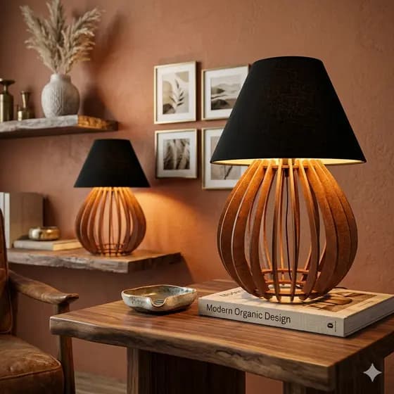 Kit 2 Abajur Mesa Madeira Marrom Cupula Preta Quarto Sala Escritorio Decoracao Moderna - 2Amcp