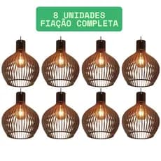 Kit 8 Lustre Grande Pendente Madeira Munique 30 Cm Rústico Cor Marrom Com Fiação - 8gmm