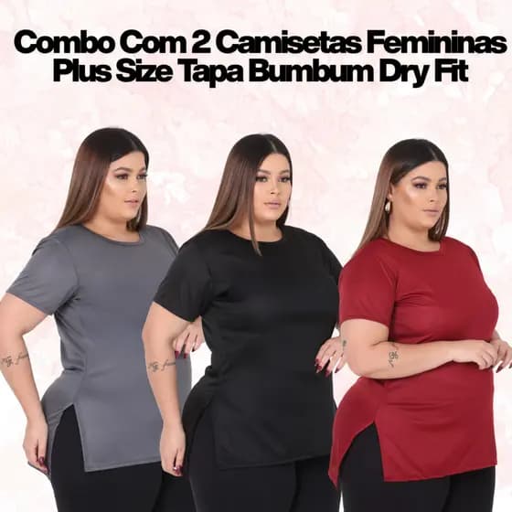 Kit 2 Camisetas Femininas Plus Size Dry Fit Academia Fitness Alongada Legging Treino
