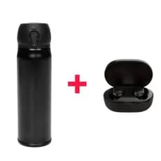 Garrafa Térmica Lyor Em Aço Inox Preta Com Tampa Flip 410ml mais fone bluetooth de alta qualidade