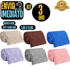 Kit com 3 Manta Bebe Infantil Cobertor Para Bebe Antialérgico Soft Canelada ou Liso 0,90 x 1m GR177