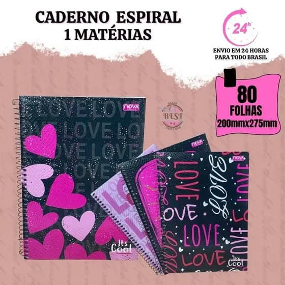 Caderno Espiral Capa Dura Universitário 1 Matéria 80 Folhas Feminino Grande Love Coração