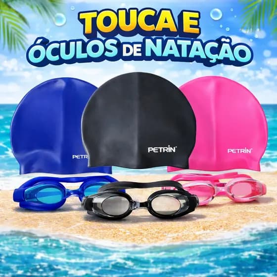Kit Petrin Óculos de Mergulho Natação Piscina Com Touca INFANTIL Rosa/Azul/Preto