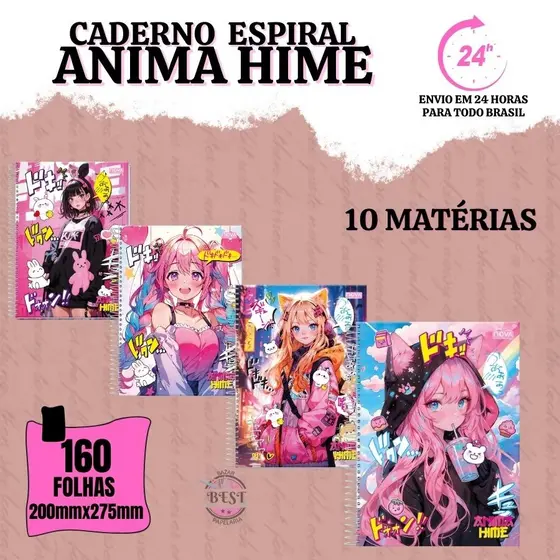 Caderno Capa Dura Desenho Universitário 10 Matéria 160 Folhas Anime Hime Menina Escolar