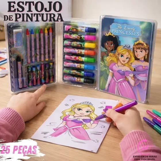 Estojo de Pintura Escolar Kit 25 Peças Personalizado The Lovely Princesses