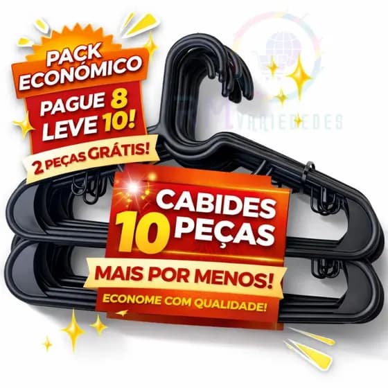 Kit 10 Cabides Preto Adulto Plástico De Roupas