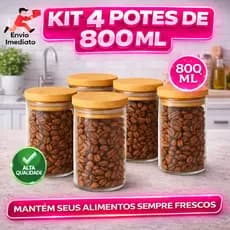 Kit 4 Potes Herméticos 800ml De Vidro Com Tampa De Bambu Porta Mantimentos
