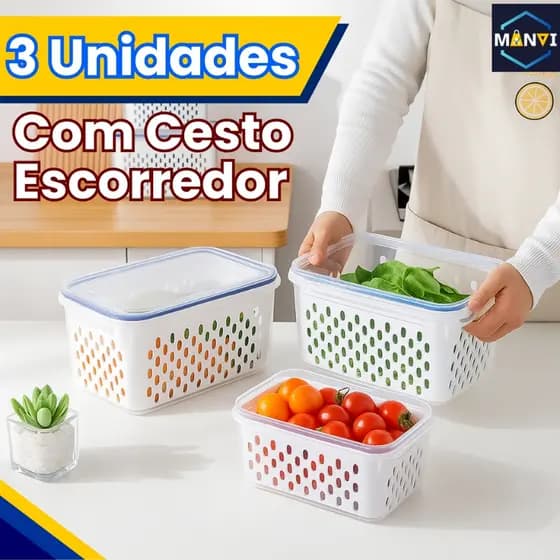 Kit Pote Hermético Organizador Cesto Escorredor Organizador Cozinha Geladeira Legumes Verduras Fruta