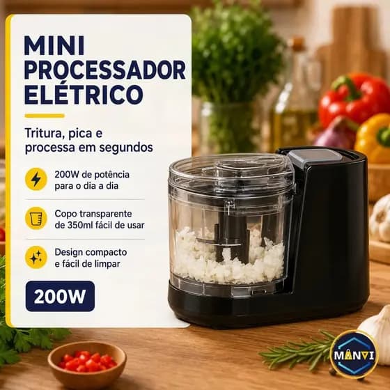 Mini Processador Elétrico Alimentos 200W 350ml Triturador Moedor Picador Tempero Alho Cebola Legumes