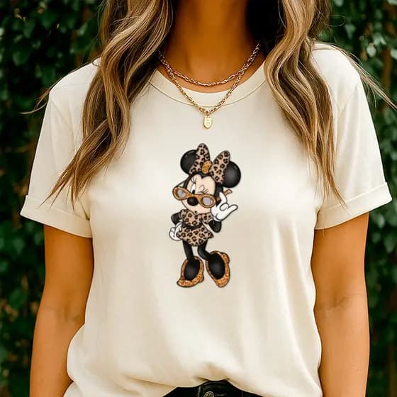 Camiseta Feminina Algodão T-Shirt Minnie Urban Jungle Onça Brilhante - Blusa Feminina - Camiseta 100% Algodão