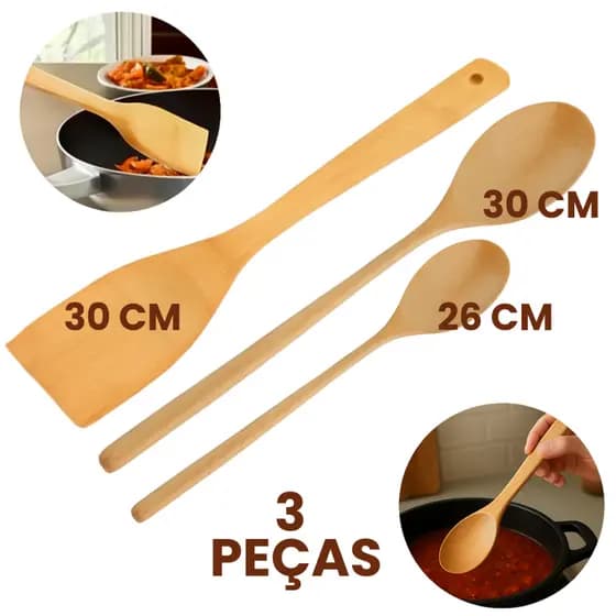 Kit Colher de Pau 30 cm + Colher 26 cm + Pá 30 cm em Madeira