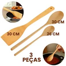 Kit Colher de Pau 30 cm + Colher 26 cm + Pá 30 cm em Madeira