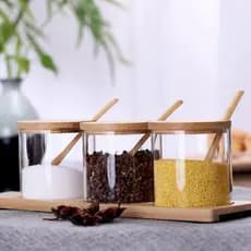 Kit 3 Potes de Vidro com Tampa de Bambu, Colher e Suporte Organizador Porta Temperos 400ML Cozinha Moderna