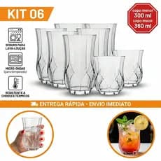 Kit Jogo De 12 copos , sendo 6 copos grandes e 6 copos pequenoVidros Temperado Opera Nadir Detalhado Bebida e Drinks