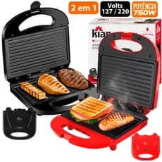 Sanduicheira Antiaderente Grill 2 em 1 Preta - vermelha Elétrica 750w 127v - 220V Kian Automatica