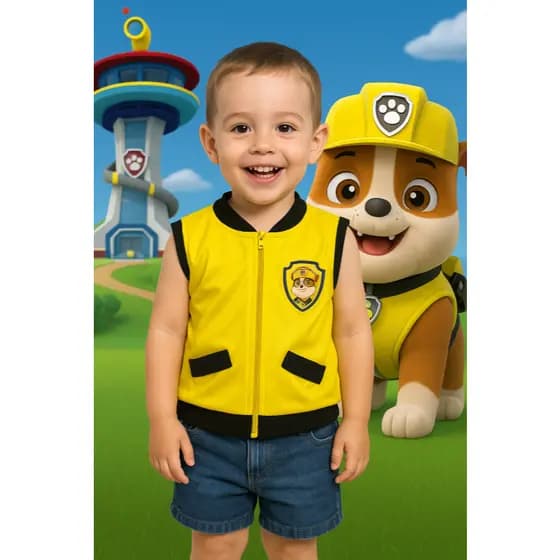 FANTASIA INFANTIL COLETE PATRULHA CANINA RUBBLE AMARELO MENINOS FESTAS ANIVERSARIOS CARNAVAL