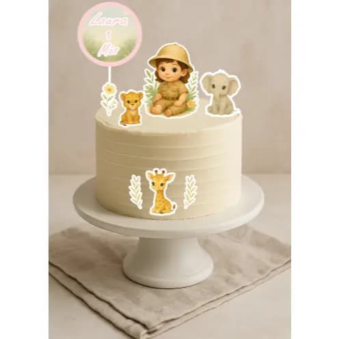 TOPPER TOPO DE BOLO TEMA SAFARI MENINA, MÊSVERSÁRIO, ANIVERSÁRIO, FLORESTA, ANIMAIS, UM TEMA FOFINHO E CHEIO DE MAGIA.