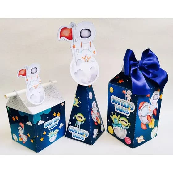 KIT TRIO PERSONALIZADO FESTA INFANTIL TEMA ASTRONAUTA - FUNDO AZUL MARINHO ESPACIAL