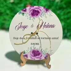 PORTA ALIANÇA PARA CASAMENTO PERSONALIZADO COM FLORES ROXA (LAVANDA) EM MDF