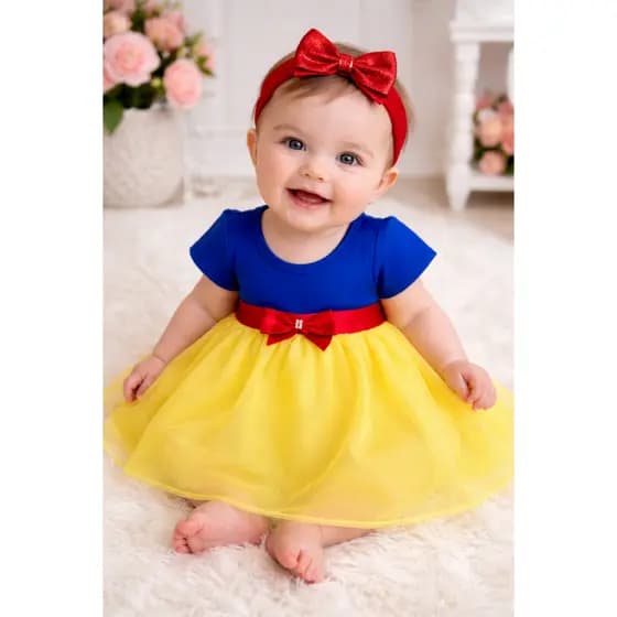 Vestido Temático Branca de Neve Bebê | Roupa Princesa para Recém-Nascida + Mesversário e Fotos