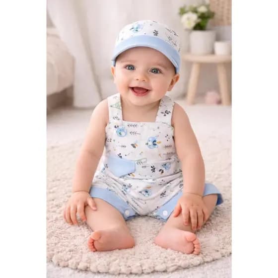 Macacão Jardineira Bebê Menino + Boné | Look Fofo Verão Confortável e Estiloso