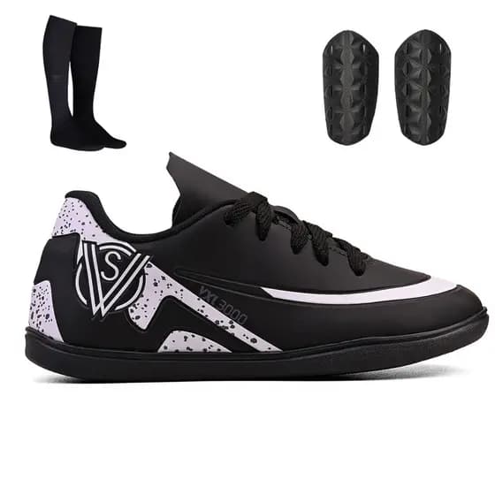 Kit Chuteira Infantil Futsal Quadra Indoor + Meião + Caneleira