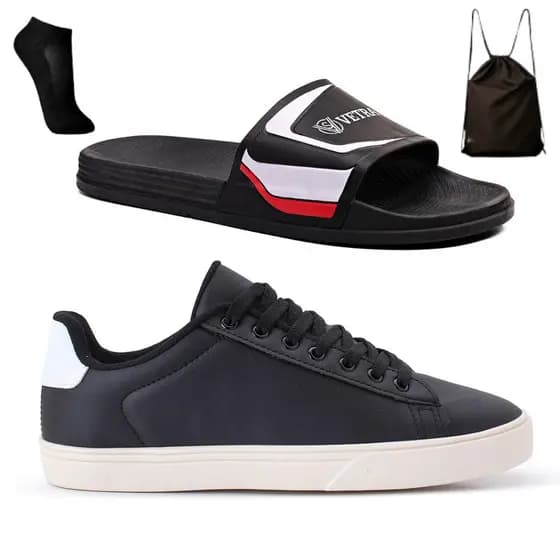 Kit Sapatênis Masculino Confortável + Chinelo Slide de Adulto + Meia de Cano Curto e Mochila Bag