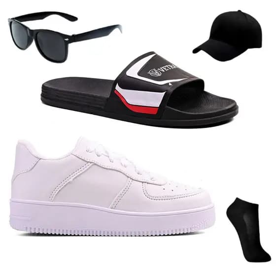 Kit Tênis Casual Infantil para Meninos + Chinelo Slide Macio + Óculos + Boné + Meia
