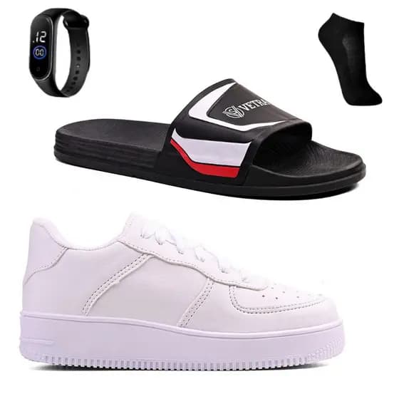 Tênis Infantil Casual para Meninos e Meninas + Chinelo Slide Leve + Relógio e Meia
