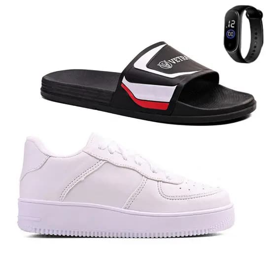 Conjunto Infantil de Tênis Confortável + Chinelo Slide para Crianças + Relógio Digital Inteligente