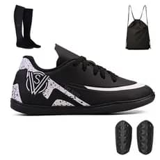 Kit Chuteira Infantil para Meninos Jogo Futsal Quadra + Mochila + Meiao e Caneleira