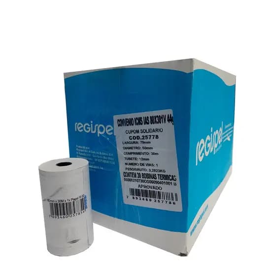 BOBINA TÉRMICA BR 80MM X 30M 1V REGISPEL - CX C/30