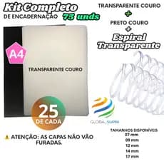 Kit p/ Encadernação 75 un | 25 Capas A4 TRANSPARENTE COURO + 25 A4 PRETO COURO + 25 Espirais - TRANSPARENTE