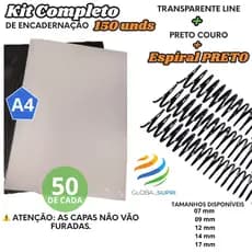 Kit p/ Encadernação 150 un | 50 Capas A4 TRANSPARENTE LINE + 50 A4 PRETO COURO + 50 Espirais PRETO